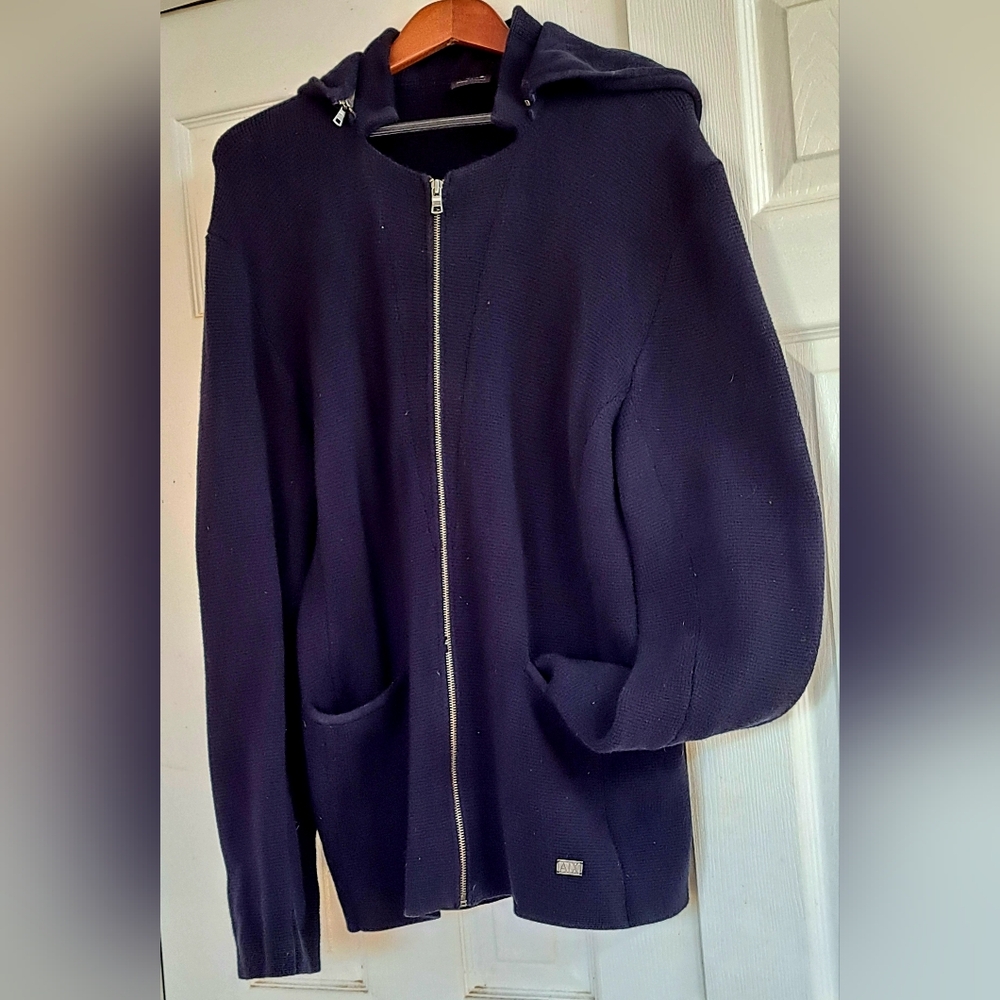 Armani Exchange Dark Black Thick Knit Zip-Up Sweater Jacket Hoodie